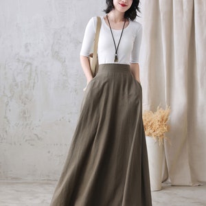 Long Linen Skirt, Grey Linen Maxi Skirt with pockets, A Line Full Skirt, Women's Summer Autumn Skirt, Minimalist skirt, Custom skirt 2822 2-dark khaki