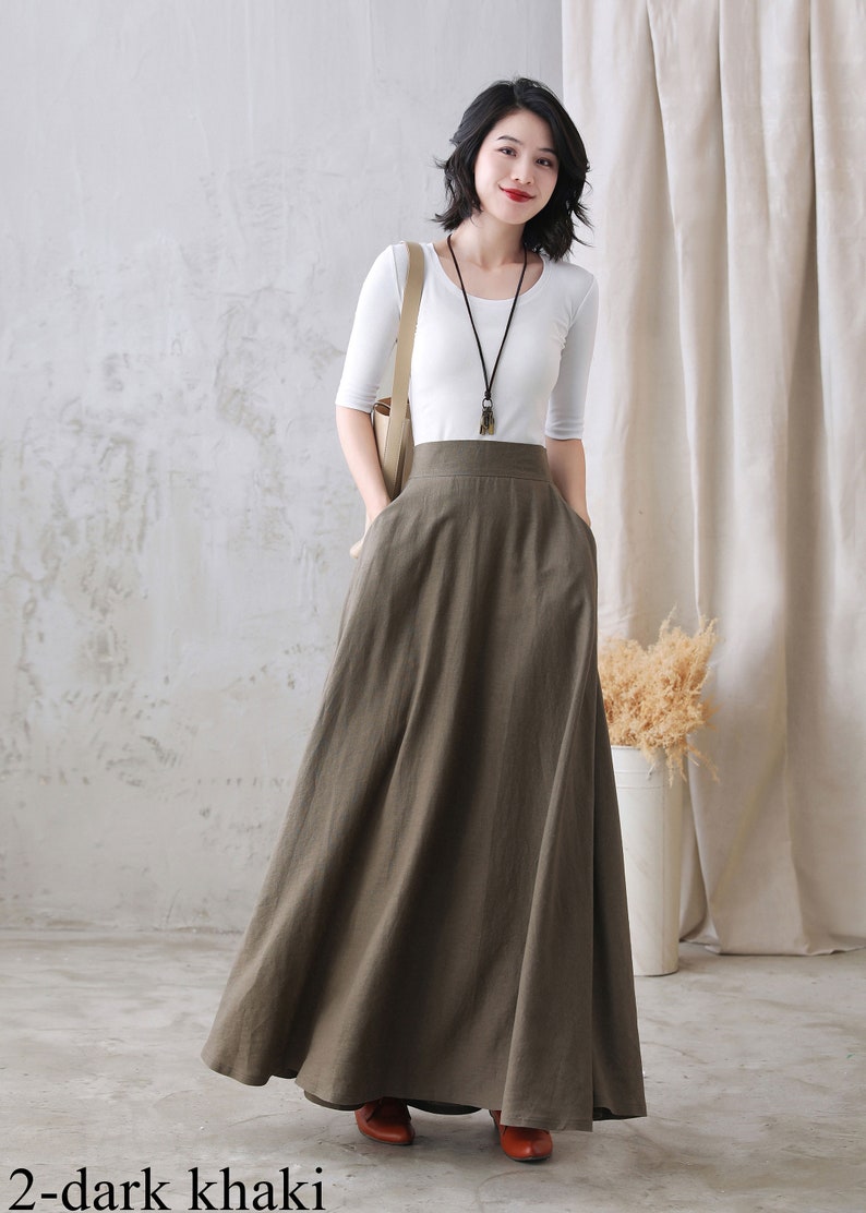 Long Linen Skirt, Grey Linen Maxi Skirt with pockets, A Line Full Skirt, Women's Summer Autumn Skirt, Minimalist skirt, Custom skirt 2822 2-dark khaki