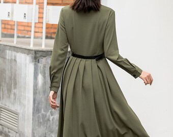 New Style Long Sleeve Shirt Dress, Military Green Pleated Midi Work Dress,  Belted Dress, Summer Shirt Dress, Custom Dress, Xiaolizi 2846 