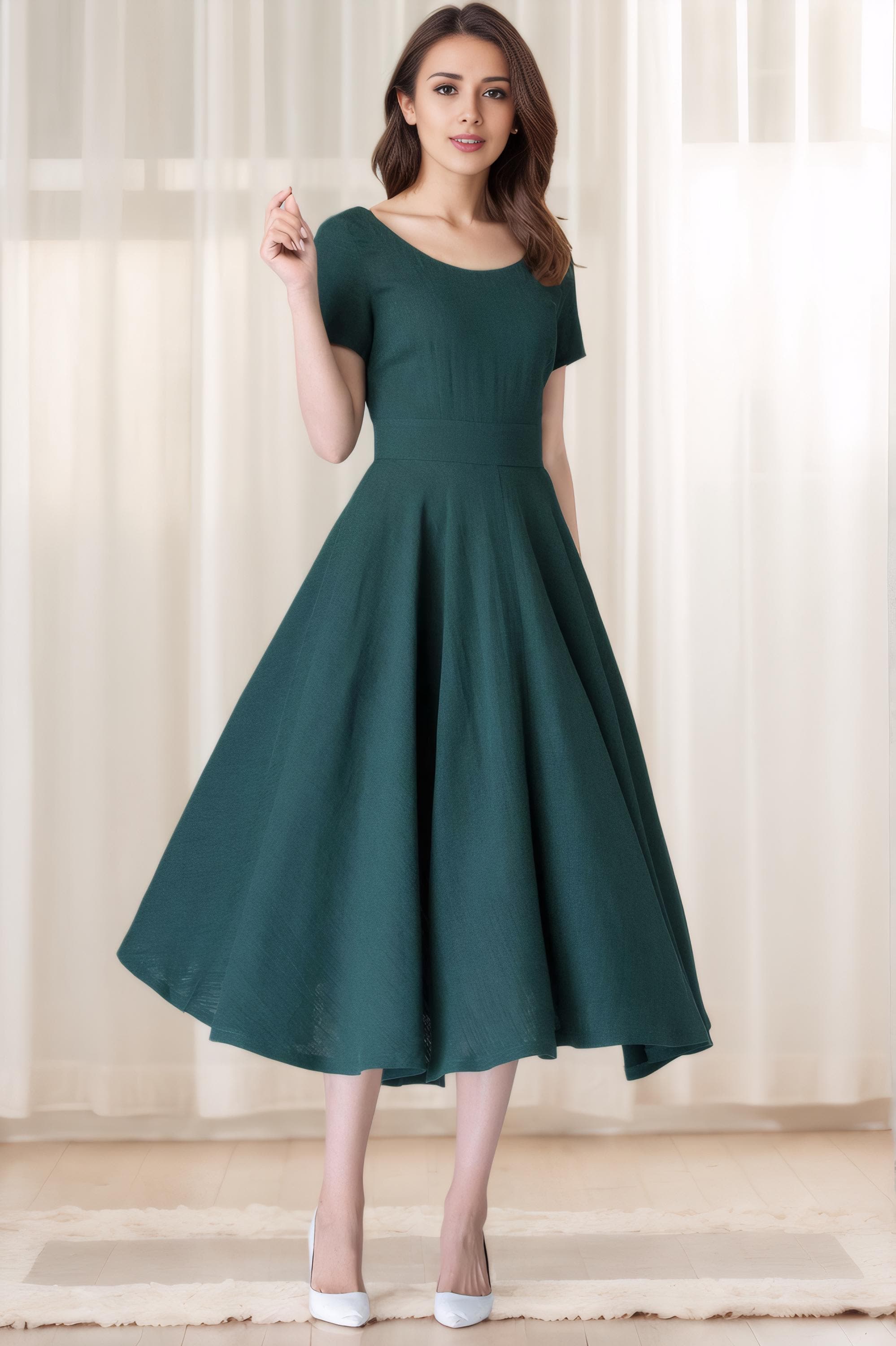 Women's Linen swing Dress with the pockets, 50s green fitted midi dress, Summer party fit and flare dress, Retro short sleeve Dress 1900# Women's Linen swing Dress with the pockets, 50s green fitted midi dress, Summer party fit and flare dress, Retro short sleeve Dress 1900#