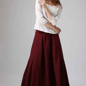 Burgundy skirt, linen skirt, maxi linen skirt, Asymmetrical skirt, women linen skirt, linen skirt pockets, women linen clothing 0910 image 3