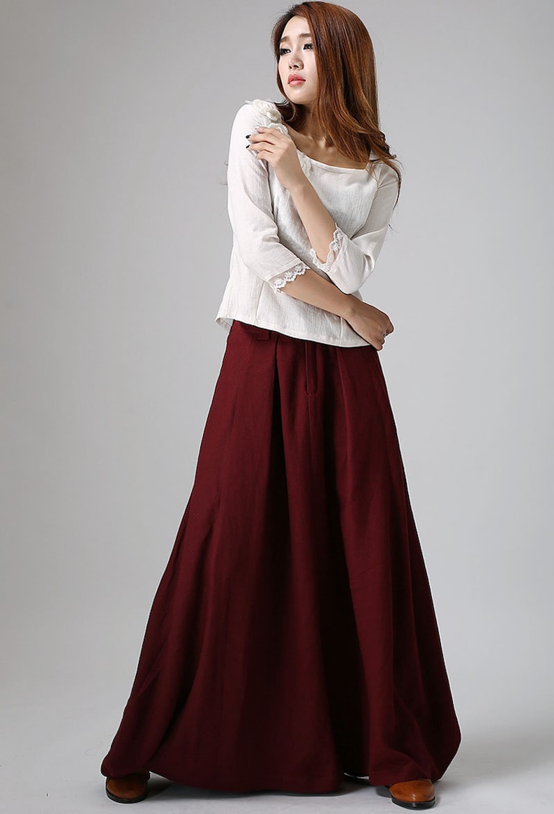 Burgundy skirt, linen skirt, maxi linen skirt, Asymmetrical skirt, women linen skirt, linen skirt pockets, women linen clothing 0910 image 3