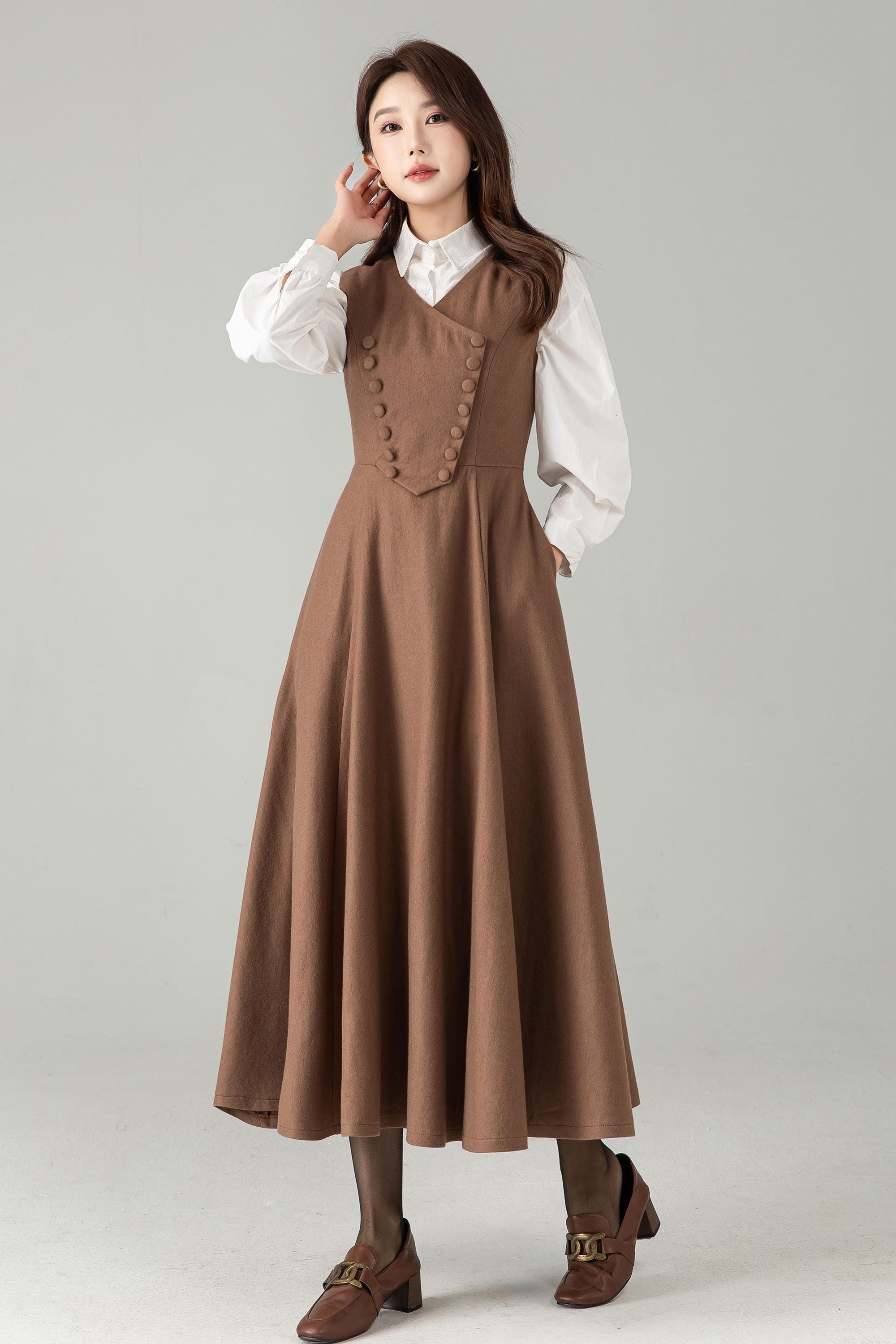 Handmade Camel Wool Pinafore Dress - Sleeveless A-line Midi