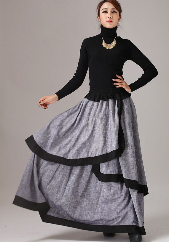 Gray long skirt linen maxi skirt layered skirt 0771# Gray long skirt linen maxi skirt layered skirt 0771#