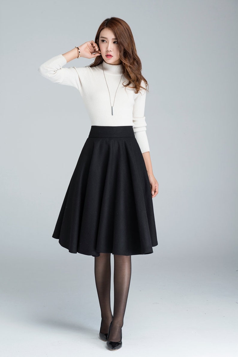 High Waist Wool Skirt, Midi Swing Wool Circle Skirt, Flared Wool Midi Skirt, Vintage Pleat Wool Skirt, Winter Skater Skirt, Xiaolizi 1633 image 3