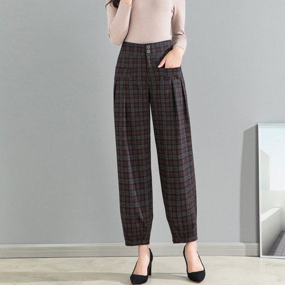 High Waist Plaid Pants Women, Harem Wool Trousers, Wool Tapered