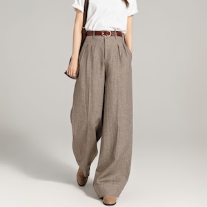Pantalons en lin, Pantalons larges, Pantalons longs, Pantalons longs pour femmes, Pantalons à plis, Pantalons avec poches, Grandes tailles disponibles, Pantalons personnalisés, Xiaolizi 4964#