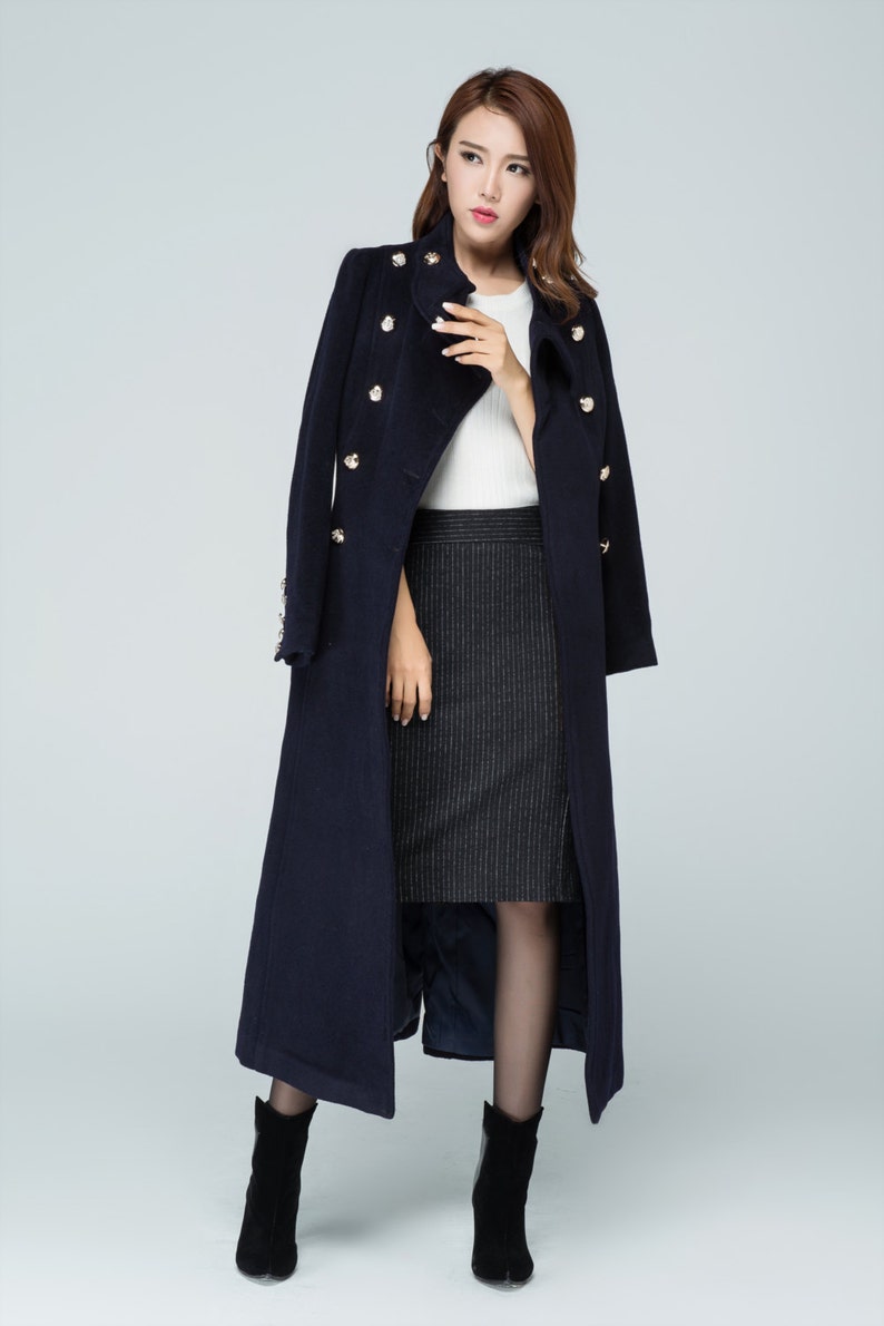 Long Navy wool coat Vintage inspired wool Military Style | Etsy