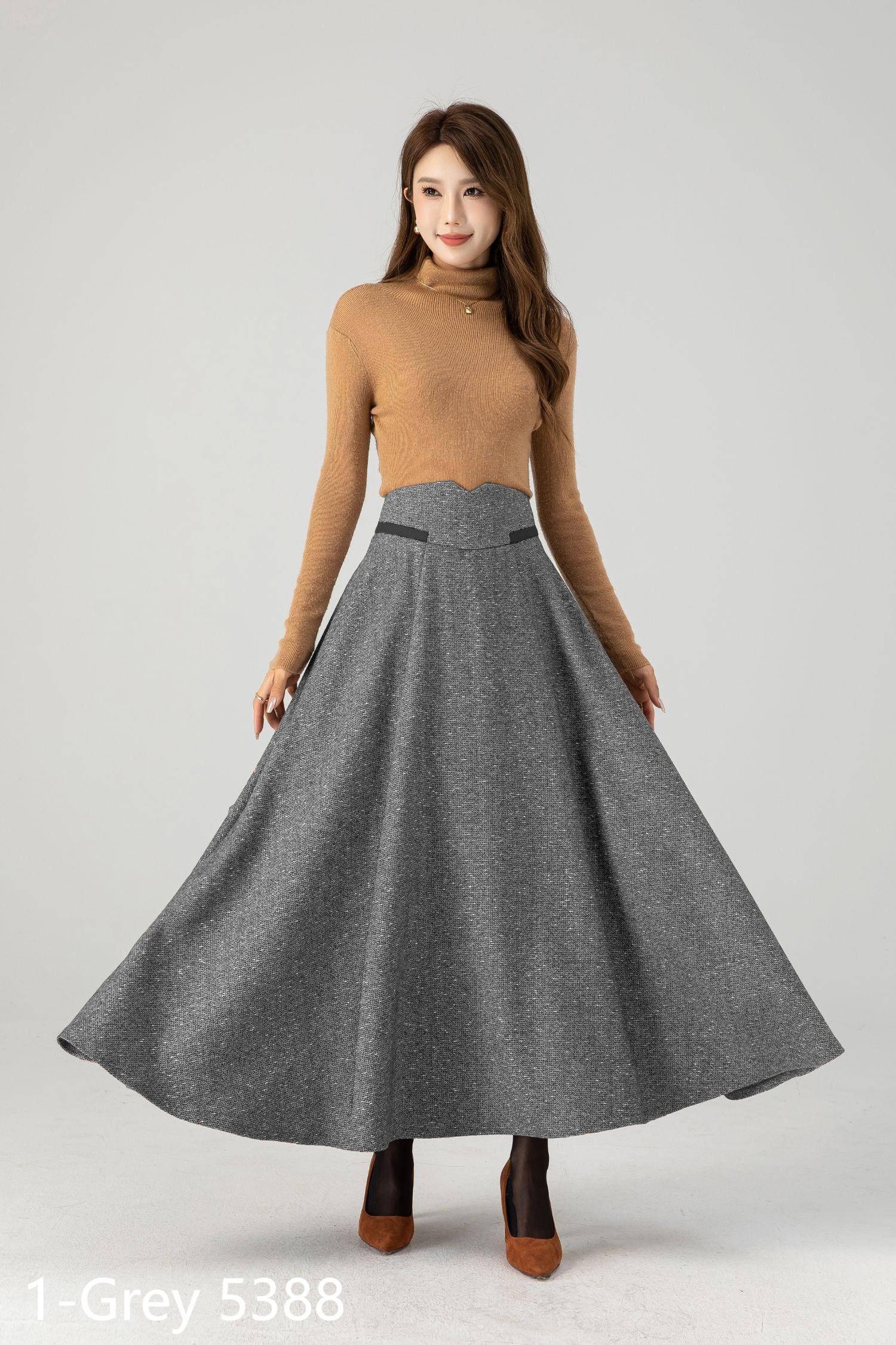 Grey Wool Maxi Skirt, High Waisted A-line Swing Skirt, Custom Made