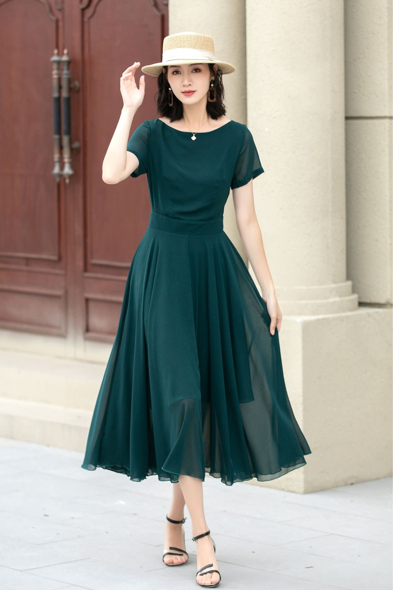 knee length cocktail dresses for weddings Graceful Short Sleeves Chiffon A-Line Knee-Length Wedding Guest Dress Isla Dress - Black Taille:XS Fall Wedding Guest