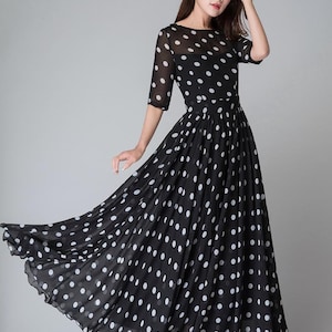 Polka Dot Maxi Chiffon Dress Women, Fit and Flare Dress, Swing Chiffon Long Maxi Dress with sleeve, Wedding Dress, Summer Boho Dress 1534 image 4