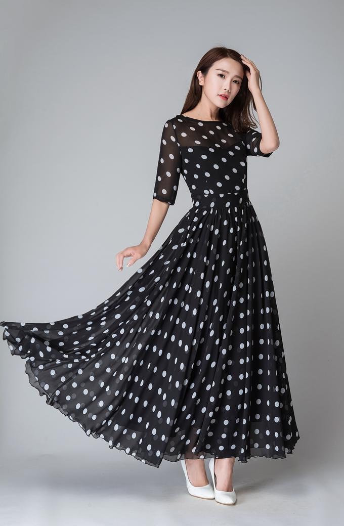 Polka Dot Maxi Chiffon Dress Women, Fit and Flare Dress, Swing Chiffon Long  Maxi Dress With Sleeve, Wedding Dress, Summer Boho Dress 1534 