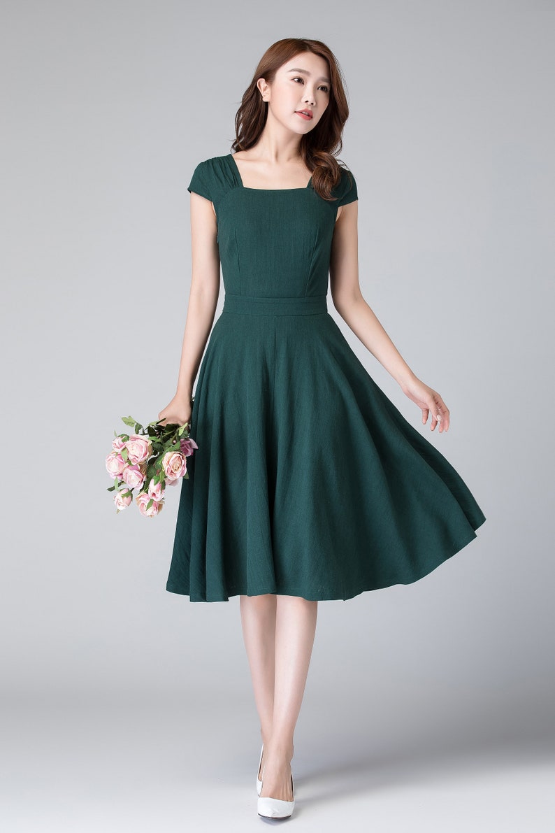 Vintage 1950s Green linen Dress, Wedding guest dress, fitted midi dress, 50s bridesmaid fit and flare dress, Bohemian swing dress 1904 Green-1904#