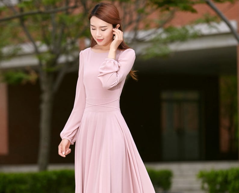 Chiffon dress, Pink dress, Long sleeve Bohemian Swing Chiffon dress, Women Summer spring Fit and Flare Chiffon Maxi dress, Custom dress 2623 image 6