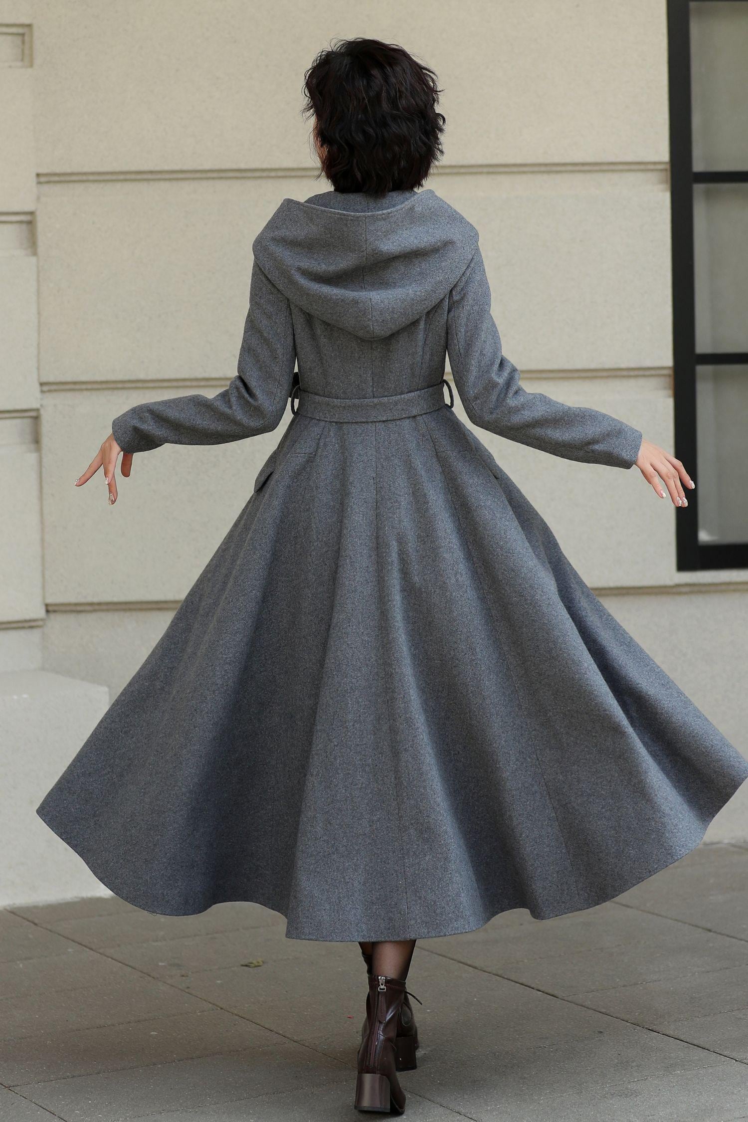 Gray Wool Maxi Coat: Hooded Belted Trench, A-line Swing, Custom