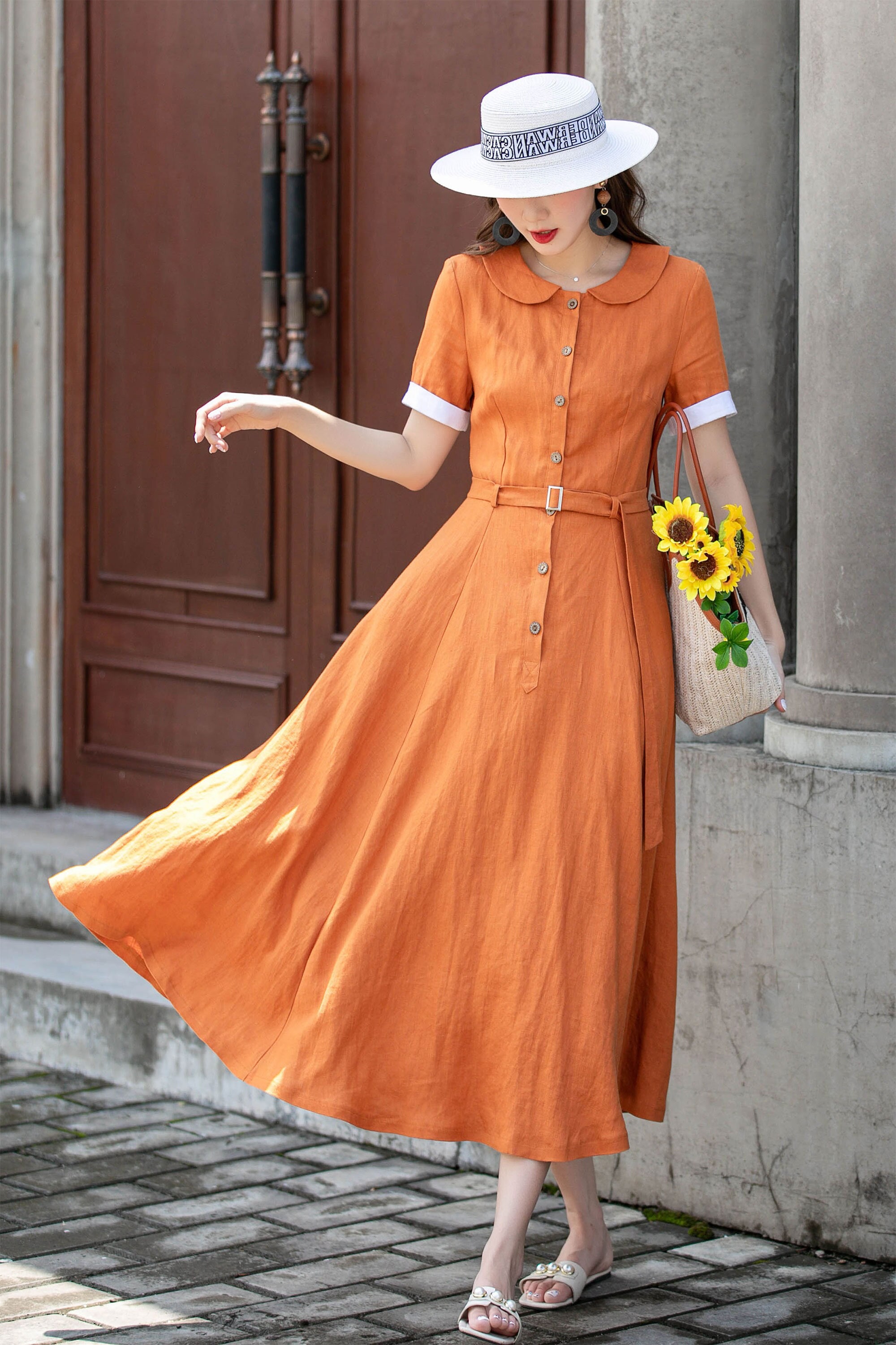 Orange Linen Dress, Linen Midi Shirt Dress, Fit and Flare