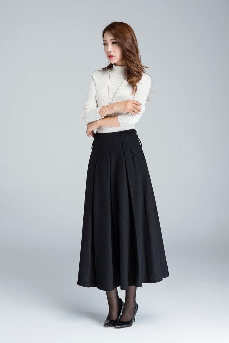 Black skirt, wool skirt, maxi skirt, skirt with pockets, womens skirts, winter skirt, pleated skirt, high waisted skirt, made to order 1631# image 1