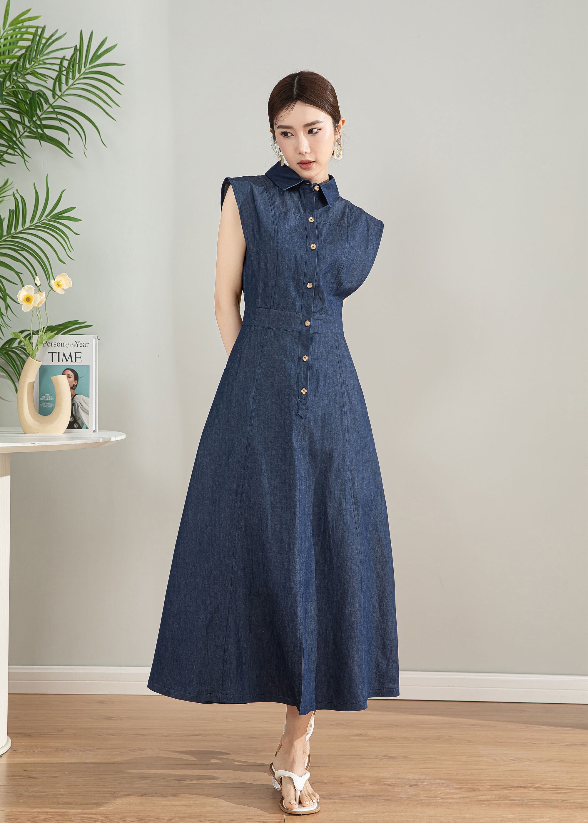 Retro Womens Long Denim Dress, Sleeveless Shirt Dress, A