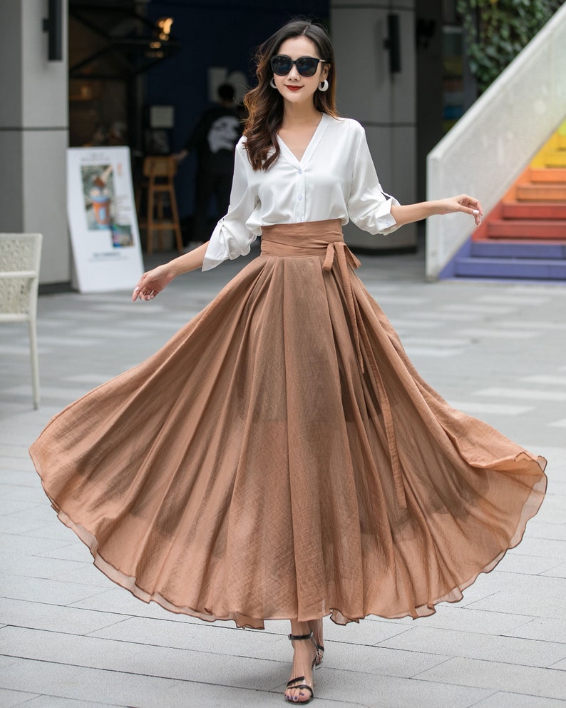 Summer Swing Chiffon maxi Skirt, Circle Long chiffon Skirt for Women, Flowy Pleated Long Skirt, Belted chiffon skirt, Mod Clothing 3533 image 2