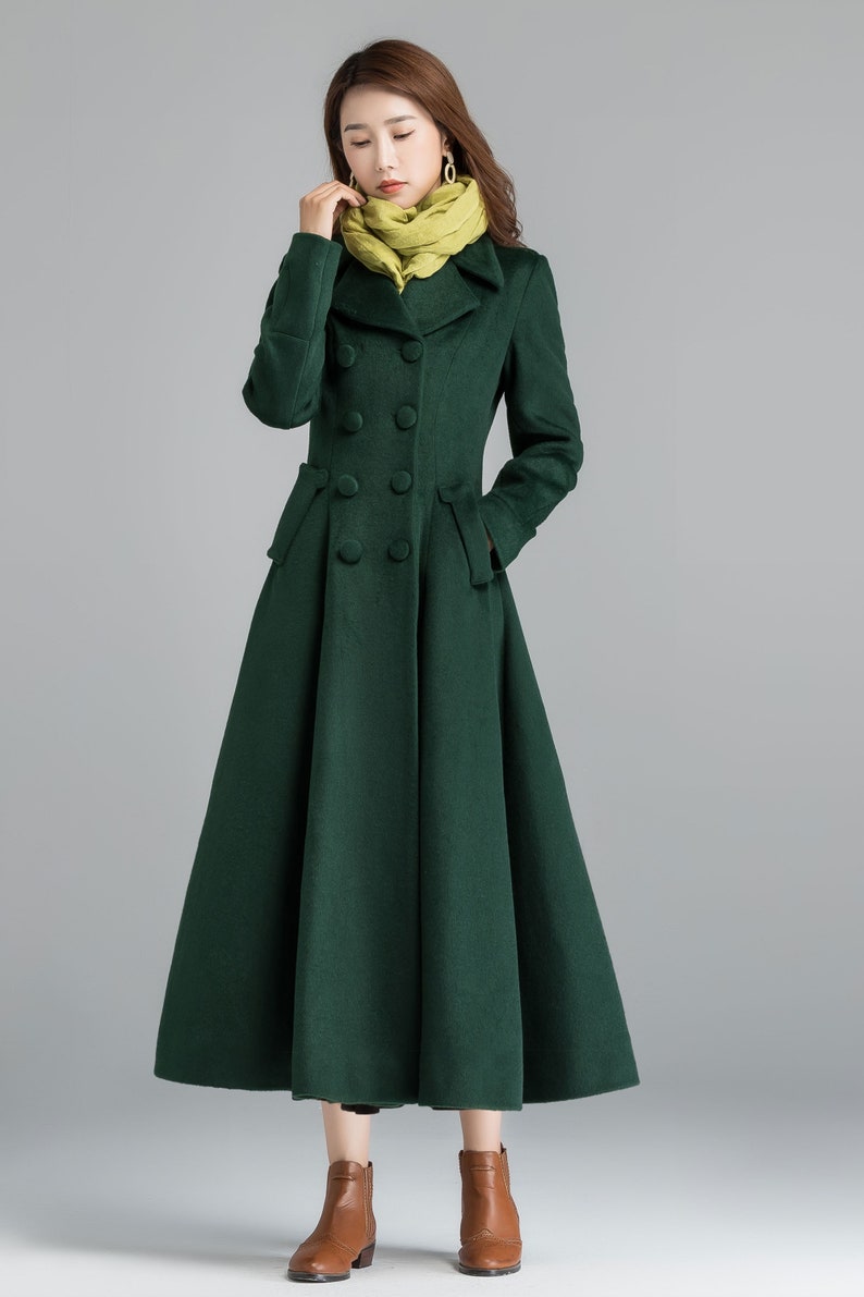 Vintage inspired Long wool coat, Winter coat women, Wool coat women, fit and flare coat, Double breasted Wedding wool coat, Xiaolizi 2412 Green-2398-1002#