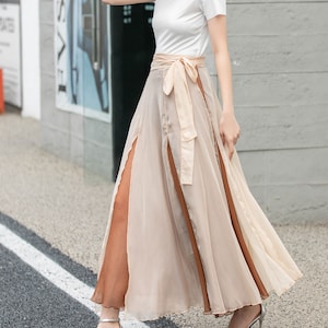 Patterned Drawstring Detail Long Chiffon Skirt
