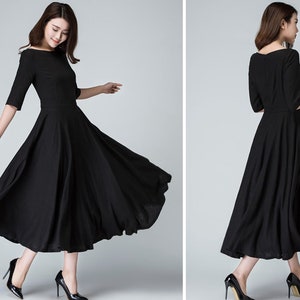 Black linen dress, womens dresses, black dress women, long black dress, Fit and flare dress, boat neck dress, evening gown sleeves 1458 1- Black -1458#