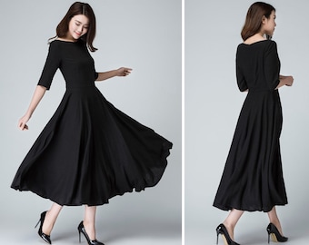 Vestido de lino negro, vestidos de mujer, vestido negro de mujer, vestido negro largo, vestido ajustado y acampanado, vestido de cuello barco, mangas de vestido de noche 1458#