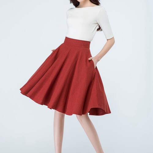 1950s Red Linen Full Circle Skirt, High Waisted Skater Skirt, A Line Midi skirt with Pockets, Flared Swing Skirt, Women's Pleated Skirt 1689