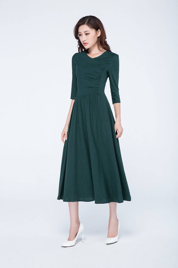 Green dress formal dress long linen dress fall dress elbow Etsy