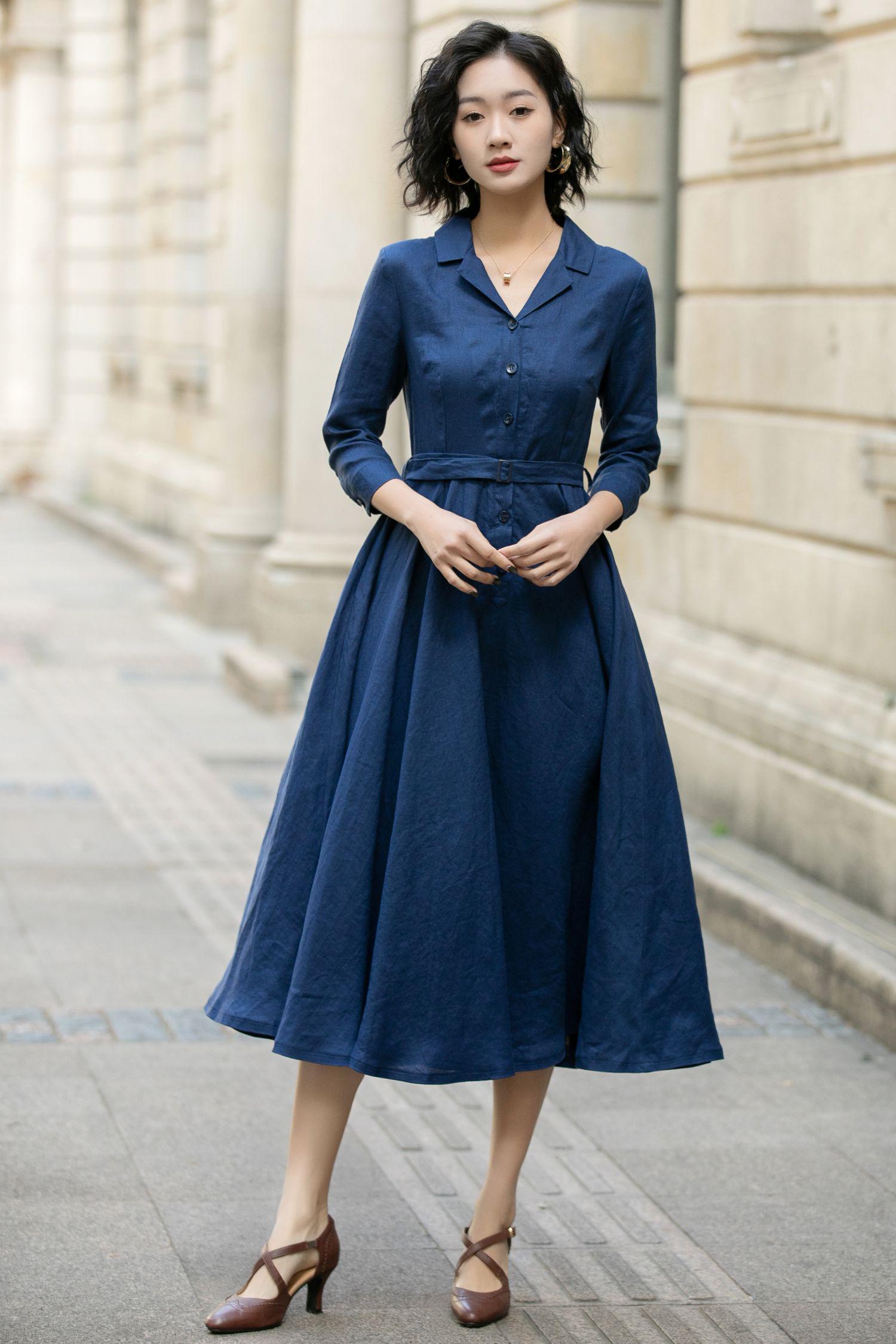 Shirt Linen Dress Women, Navy Dress, Spring Linen Dress
