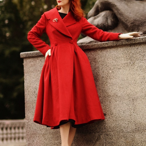 1950s Vintage Inspired Swing Coat, Red Long Princess Wool Coat