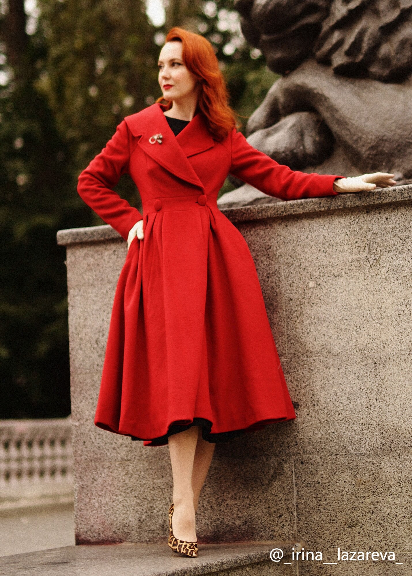 1950s Vintage Inspired Swing Coat, Red Long Princess Wool Coat