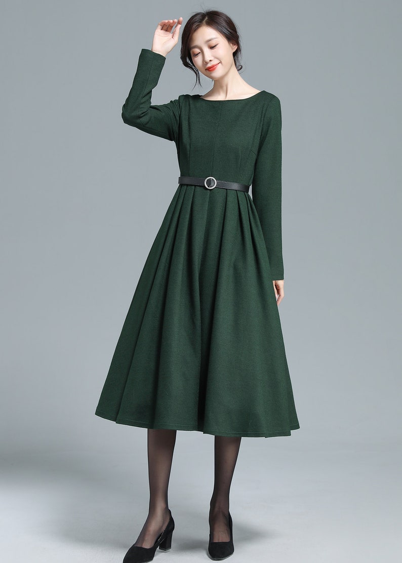 Green Winter Wool Dress Women Wool Midi Dress Long Sleeve - Etsy