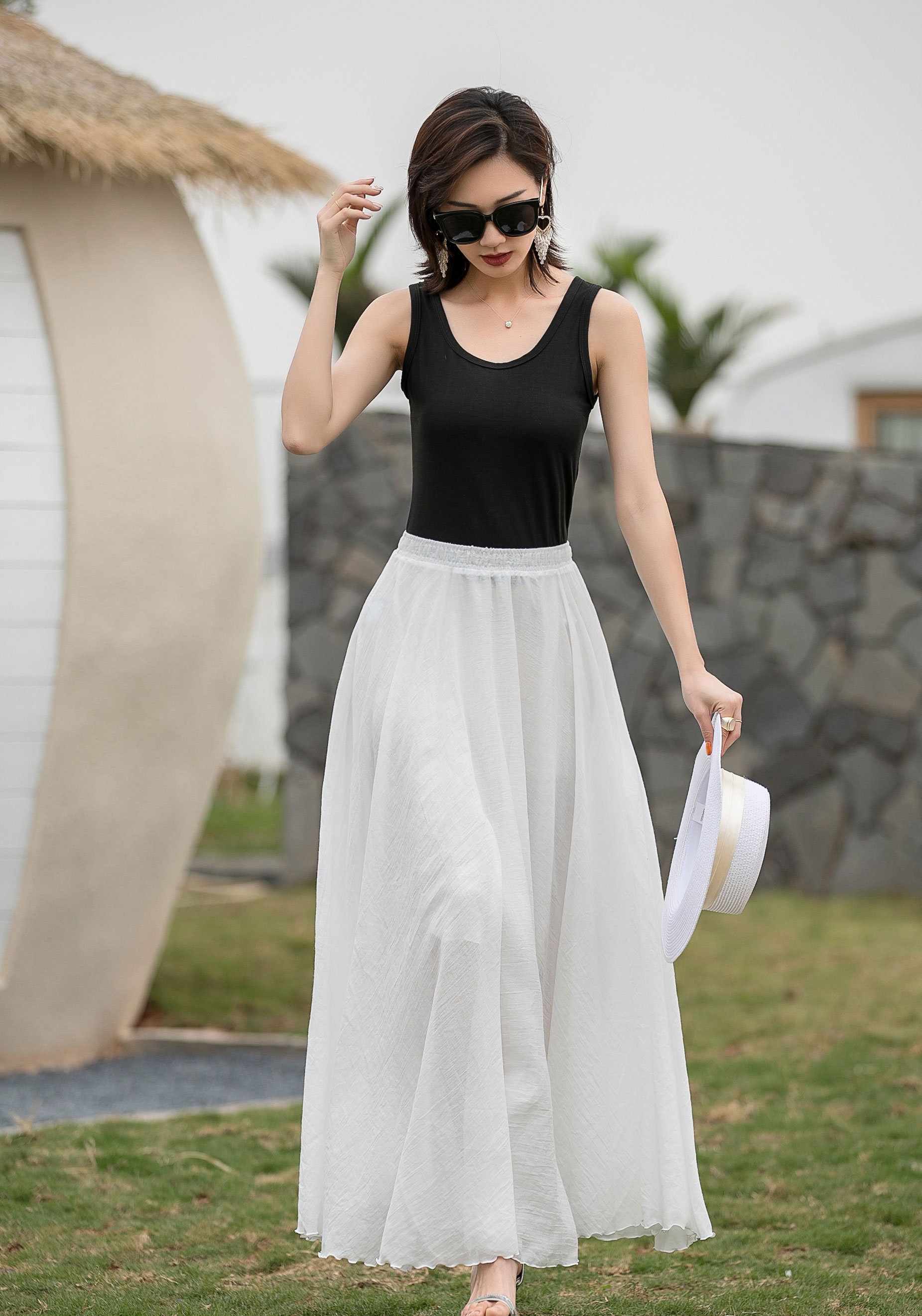 Linen Maxi Skirt White Bohemian Long Skirt With Pleats A Line Double Layer Summer Elastic Waist 335 In Long Flowy Beach Maxi Dress For Women Girl Linen Skirts For Women 4603395 1h4zqs