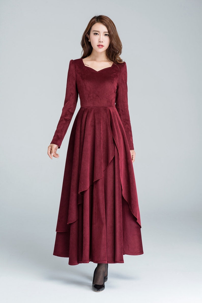 Victorian Dresses | Victorian Ballgowns | Victorian Clothing     Burgundy corduroy dress Long sleeve Cocktail dress Maxi dress Long dress party dress wedding dress layered dress fall dress  1612#  AT vintagedancer.com