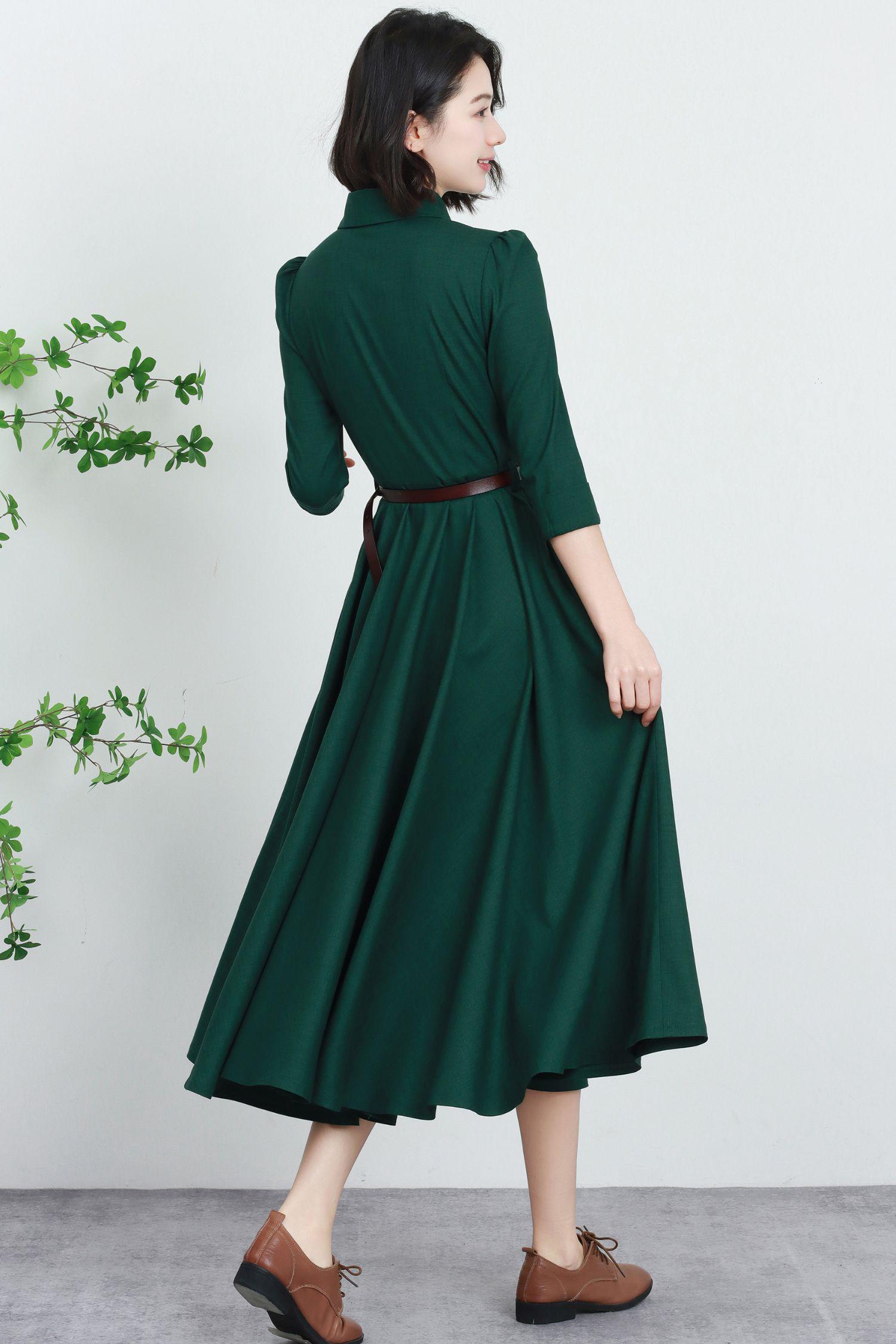 Linen Midi Shirt Dress  Vintage-inspired A-line Dress With Button Up,  Belted Waist Linen Dress, Women's Green Linen Dress, Xiaolizi 5735 - Etsy