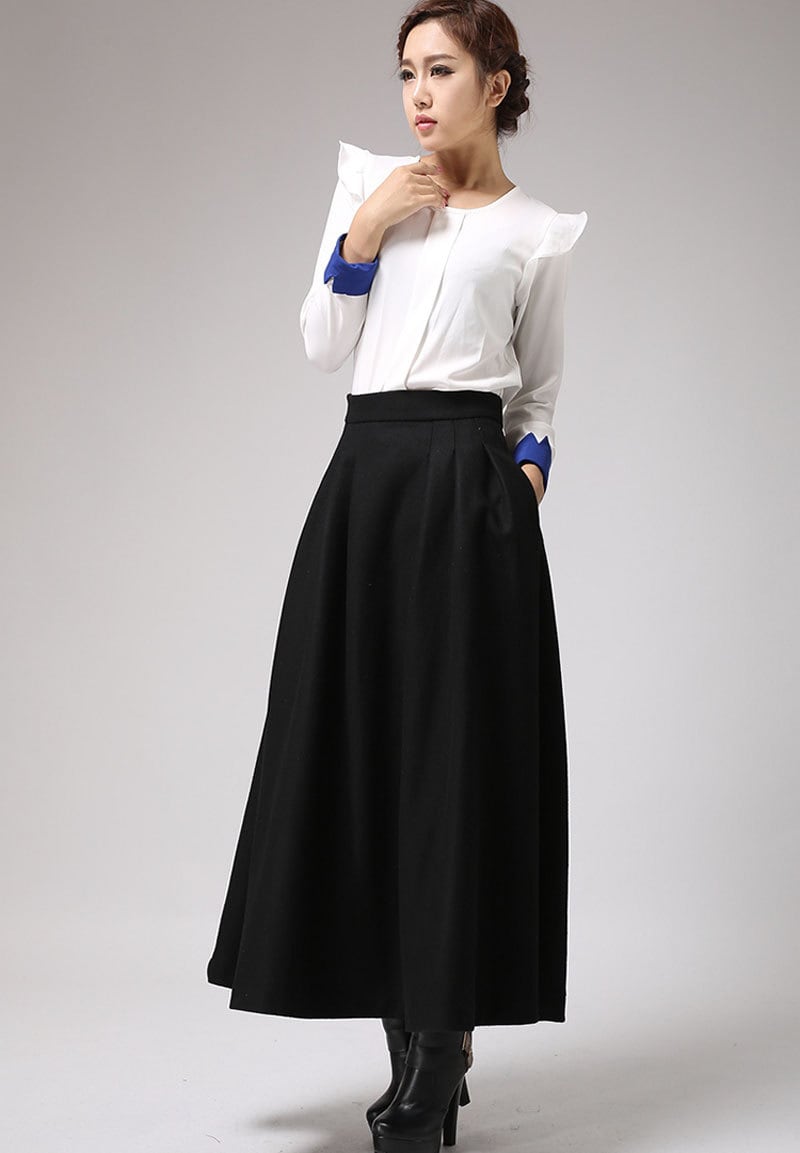 Black wool skirt wool skirt maxi skirt winter skirt | Etsy