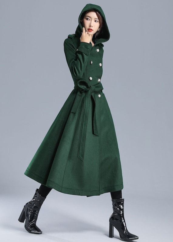 Green Long Wool Trench Coat with Hood 3212 Green Long Wool Trench Coat with Hood 3212