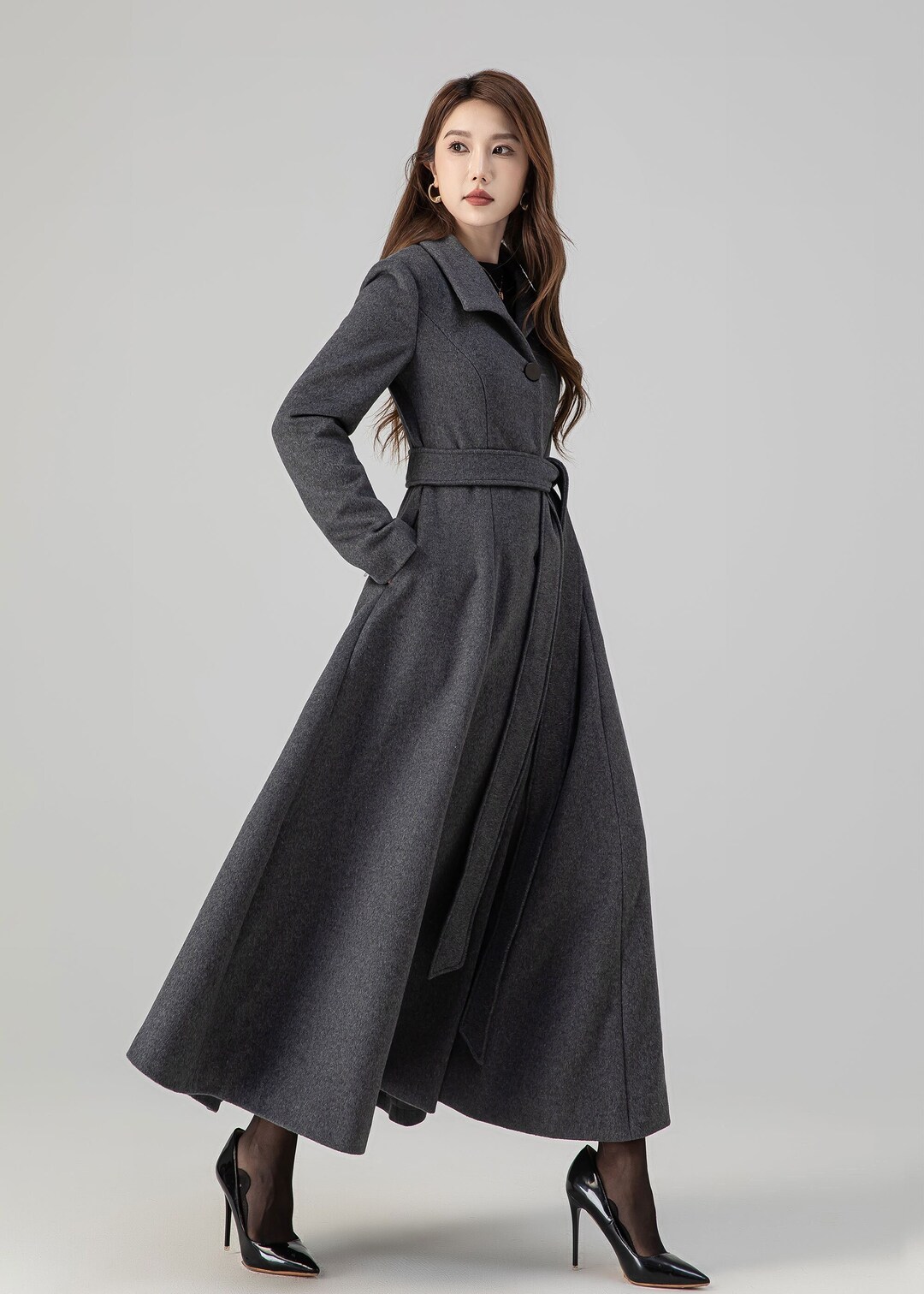 Vintage Hooded Wool Coat in Charcoal Grey for Women