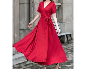 Red Linen Wrap dress, Summer Linen Maxi dress, Womens dress, Long Linen dress, Dress with pockets, Short Sleeve dress, Custom dress 4425#