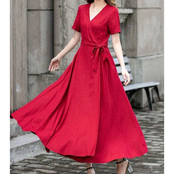 Red Linen Wrap dress, Summer Linen Maxi dress, Womens dress, Long Linen dress, Dress with pockets, Short Sleeve dress, Custom dress 4425#