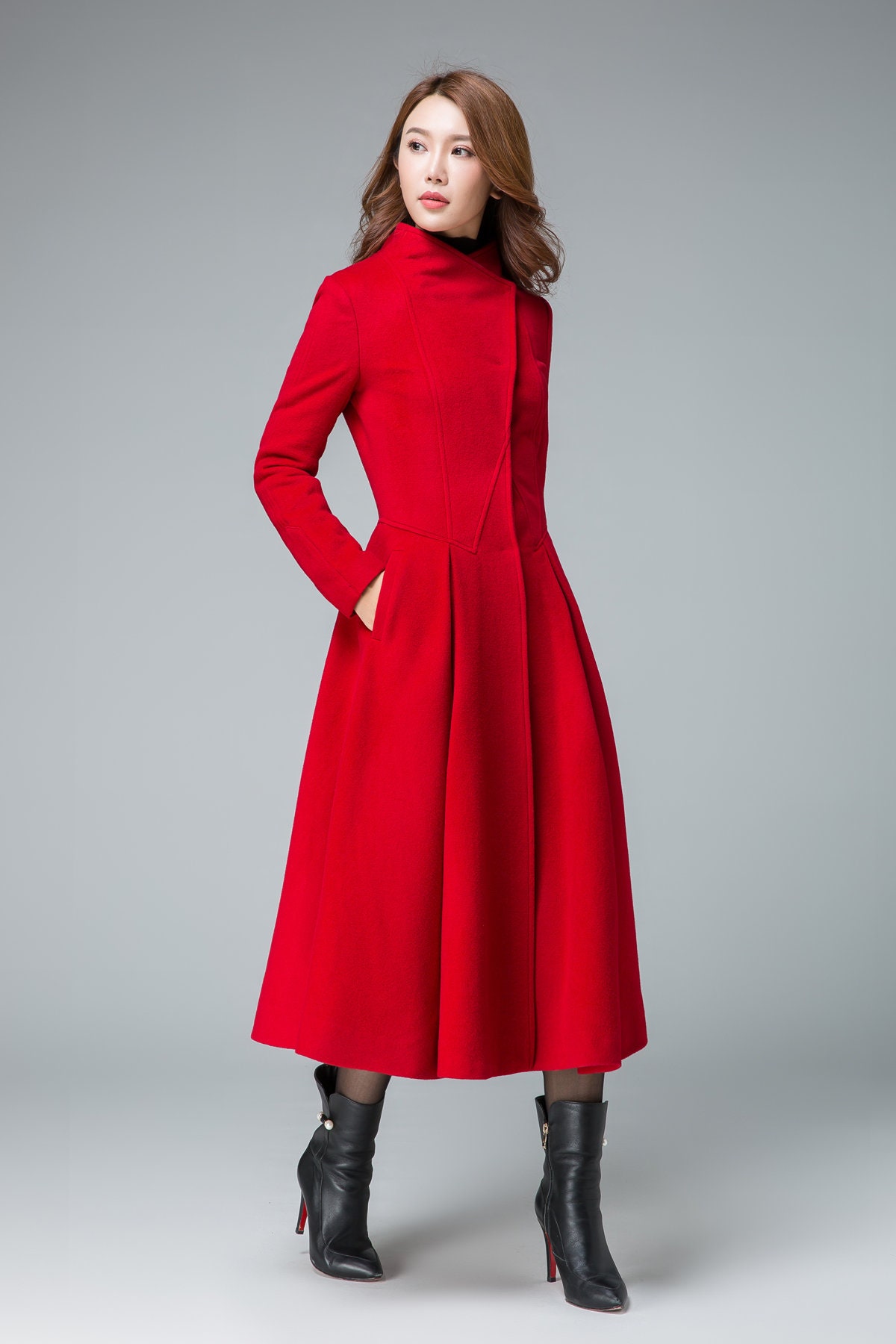 JMETRIE Womens Casual Warm Winter Solid Turtleneck Big Pockets Cloak Vintage Oversize Coats Red