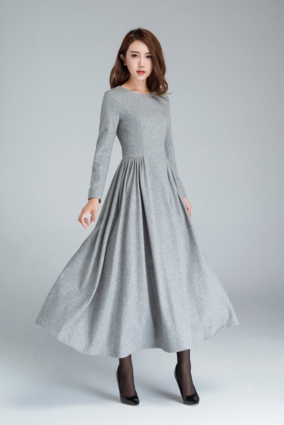 Grey wool dress pleated dress long dress womens dresses | Etsy