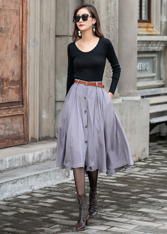Linen Skirt, Grey Midi Linen Skirt, Button Front Linen Skirt