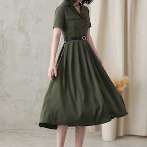 Midi shirt dress for Women, Pleated Shirt work Dress, Green Fit Flare Summer Midi Dress, Military Swing Dress, Short Sleeve Long Dress 2821 image 4