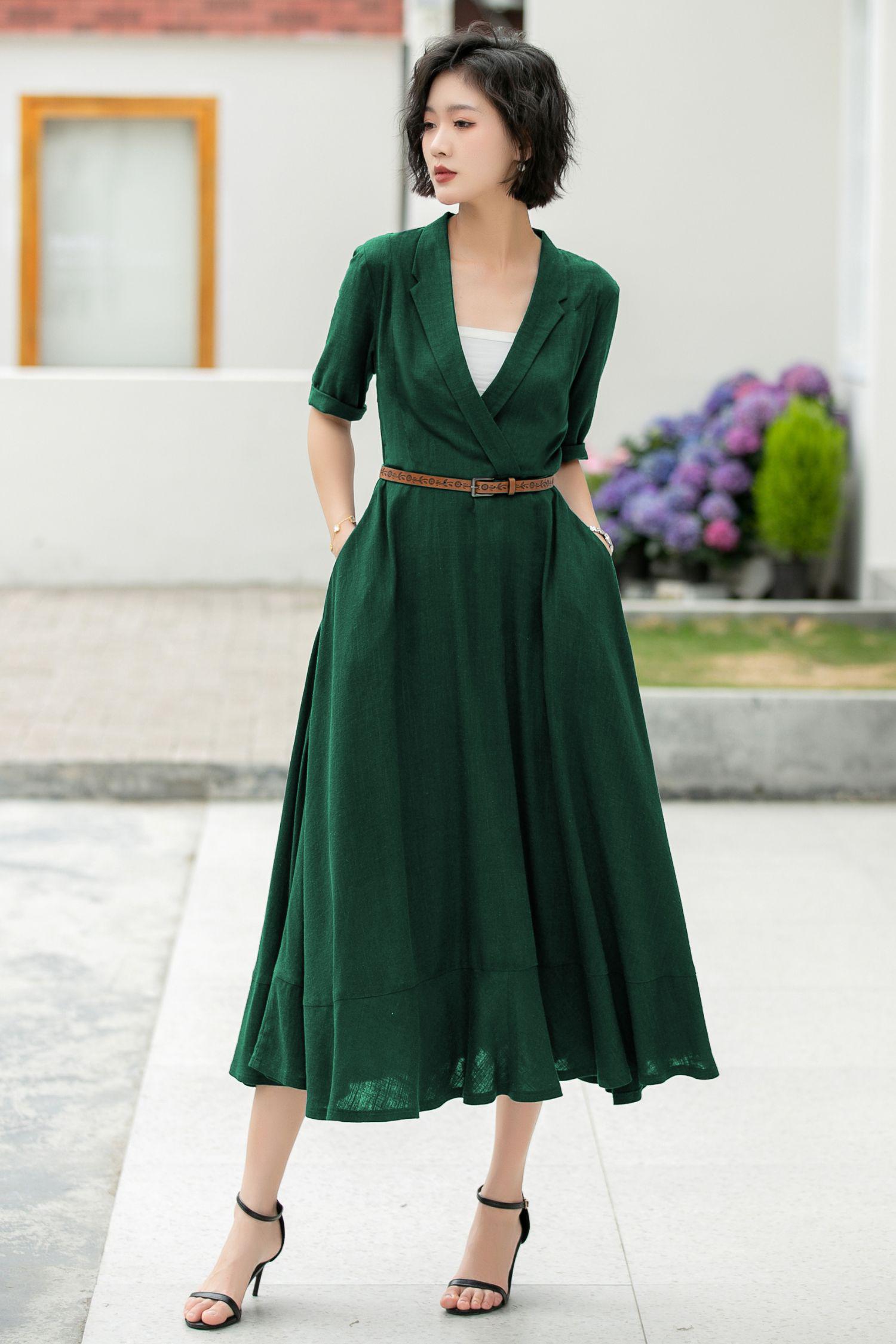 Navy Linen Blazer Dress - Short Sleeve Midi Dress with Belt, Custom, Xiaolizi 5979