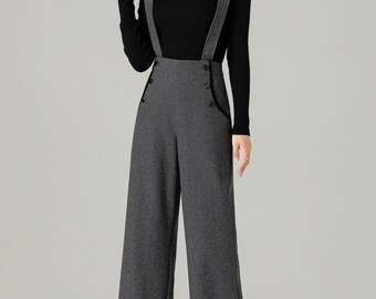 休日限定 Gray Straight-leg Winter Autumn Women, Pants Wool Suspender サロペット・オーバーオール・オールインワン