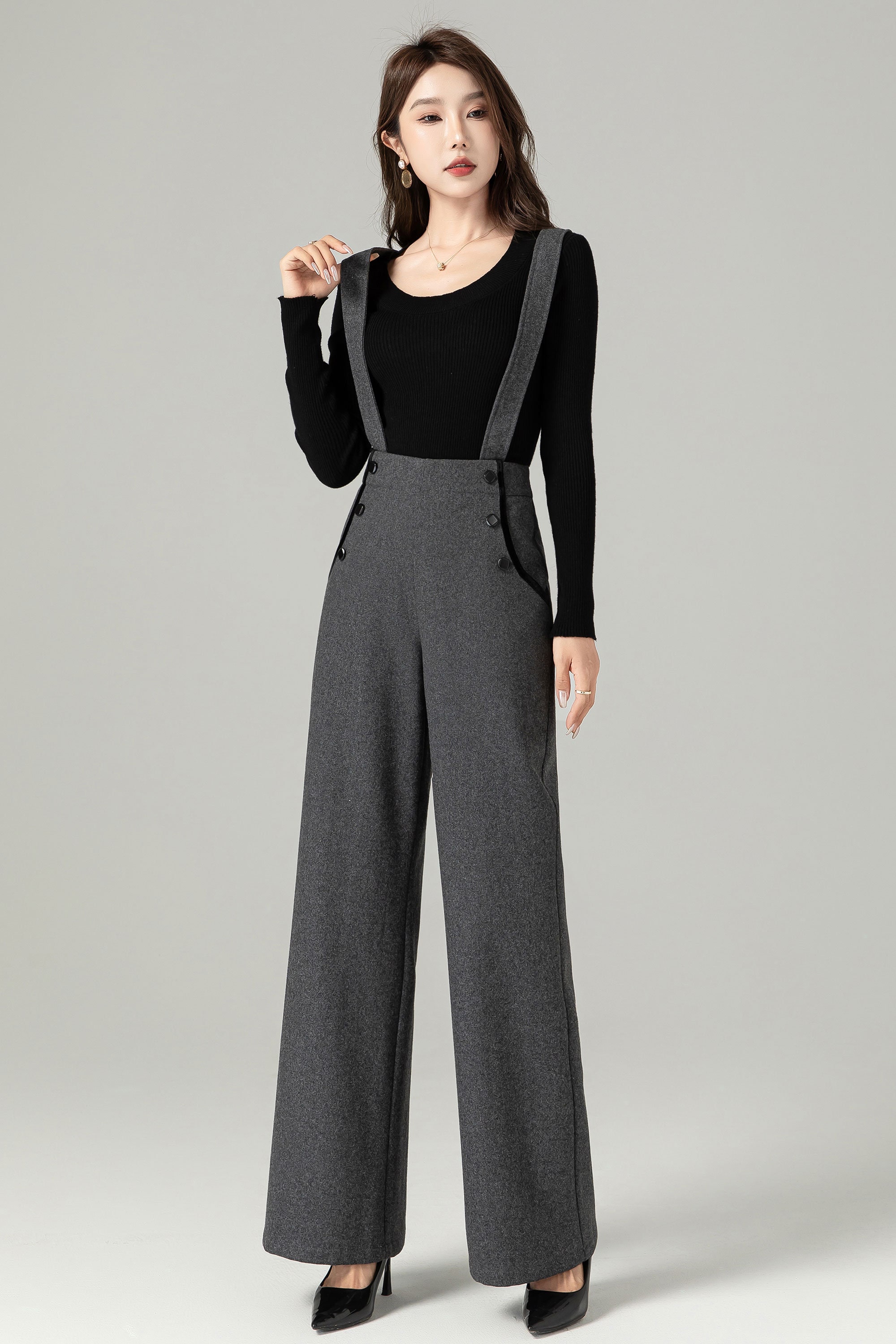 Gray Suspender Wool Pants Women, Autumn Winter Straight-leg Gray Suspender Wool Pants Women, Autumn Winter Straight-leg
