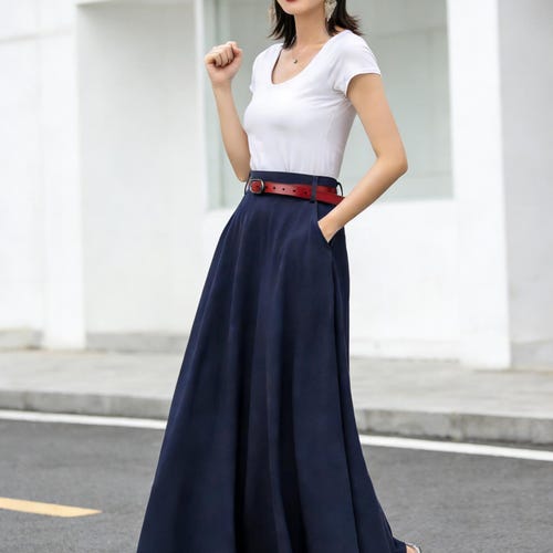 Navy Blue A-line Maxi Skirt With Pockets – High-waisted Long Skirt