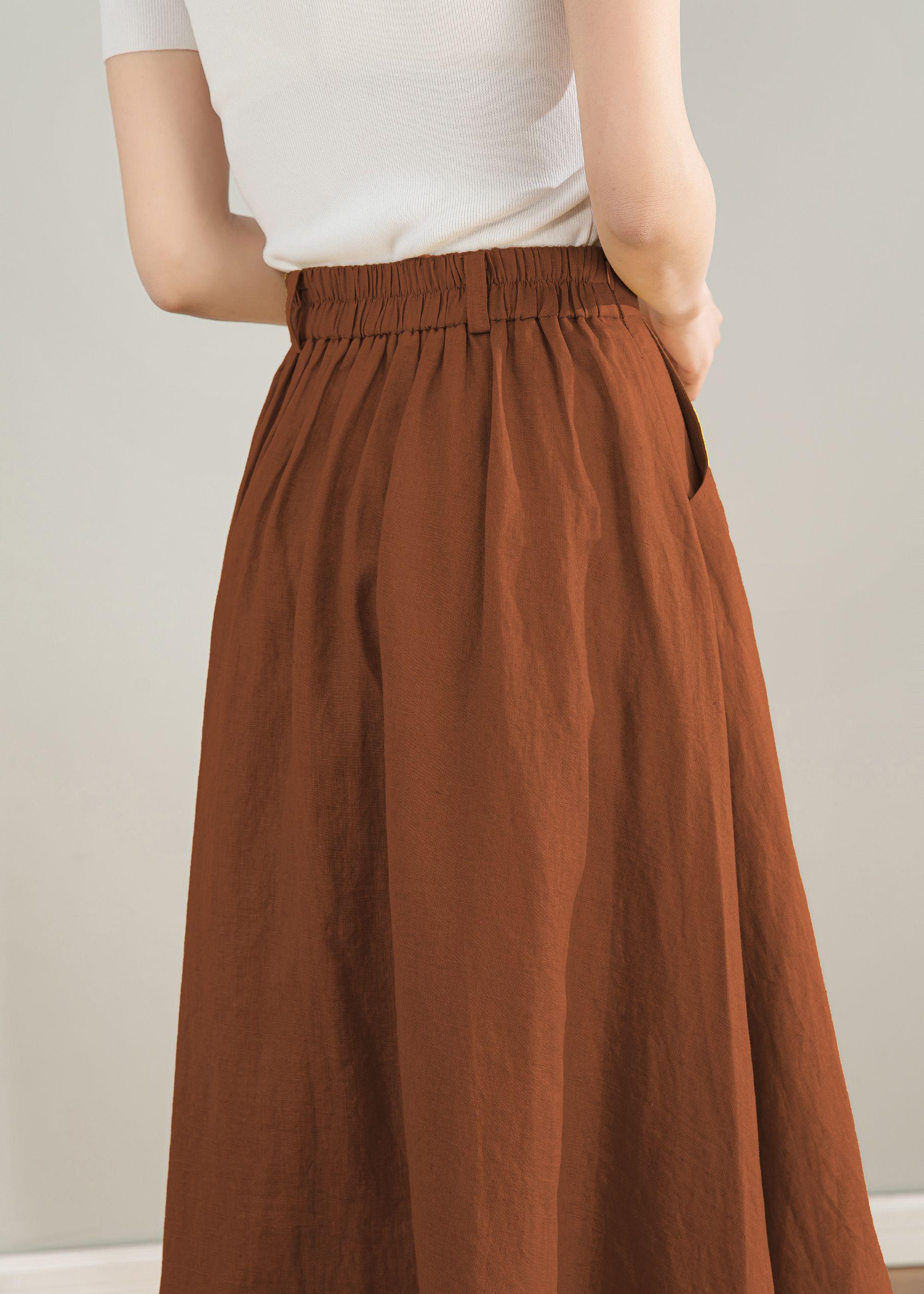 Linen Midi Skirt, Button Front A-line Swing Skirt With Pockets
